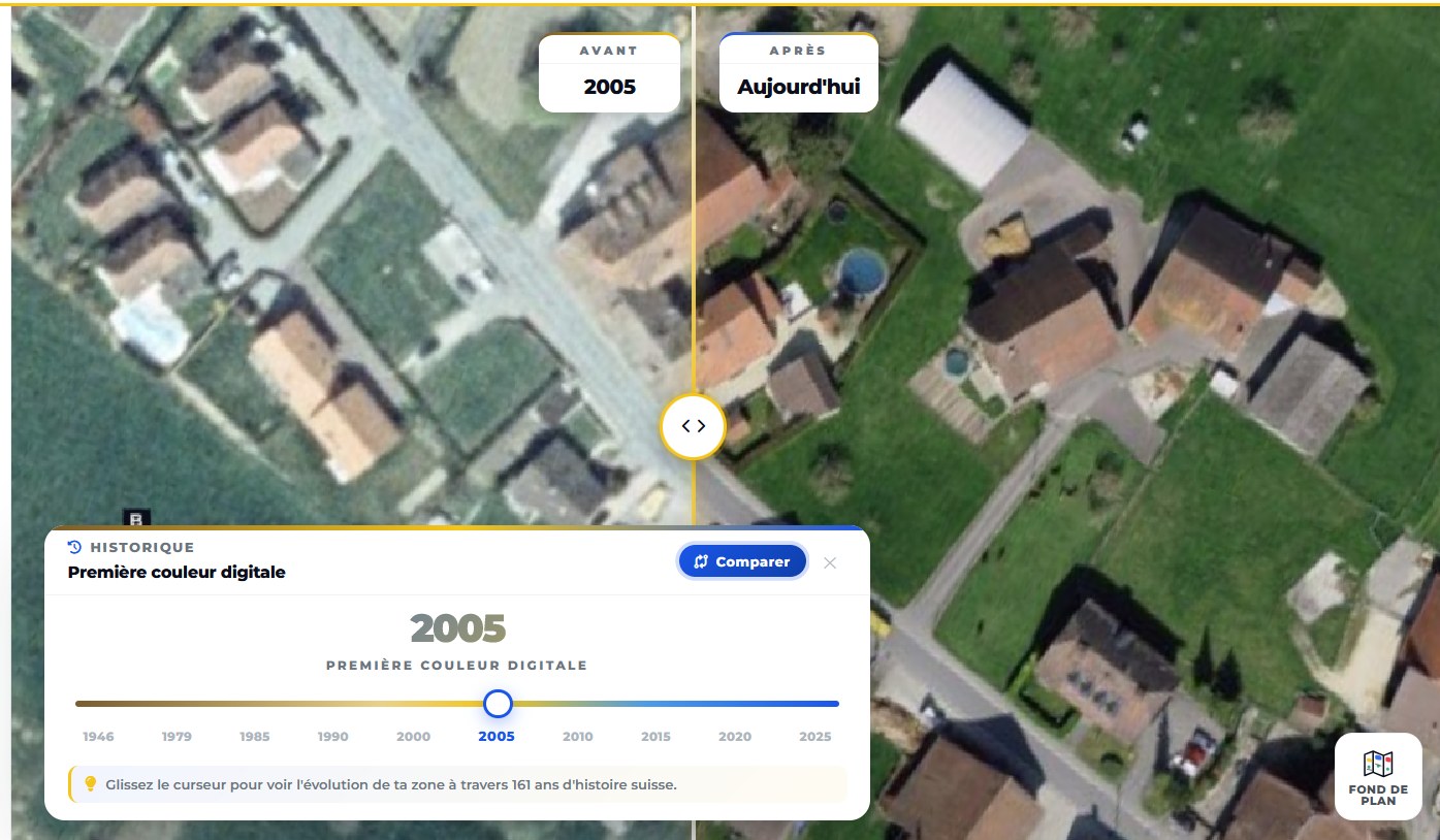 Comparateur temporel — vue aérienne de 2005 face à aujourd'hui